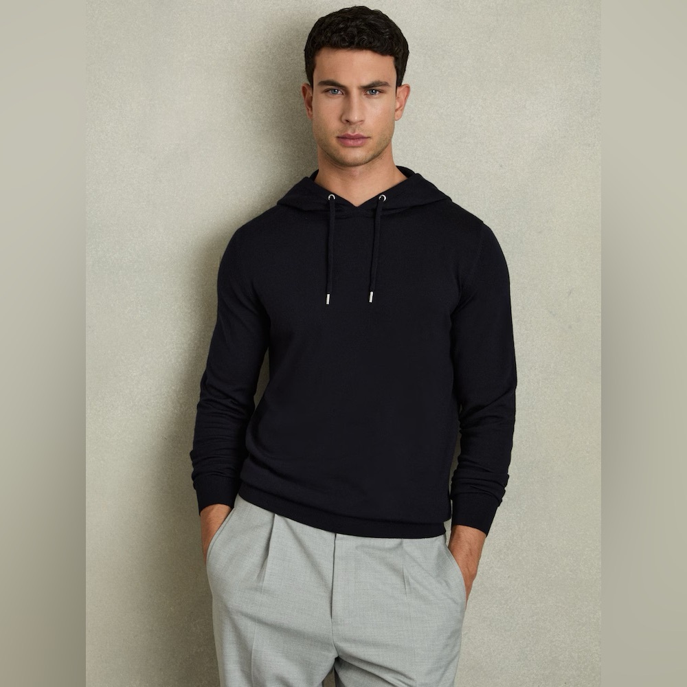 Reiss Navy Holland Merino Wool Knit Hoodie Sweater Size Small Business Casual